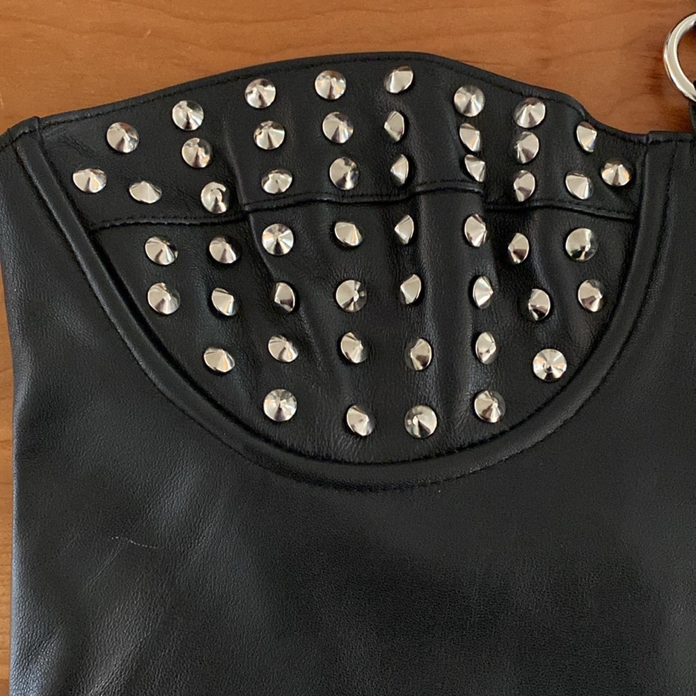 Studded Strapless Black Leather Mini Dress - Picture 5 of 16
